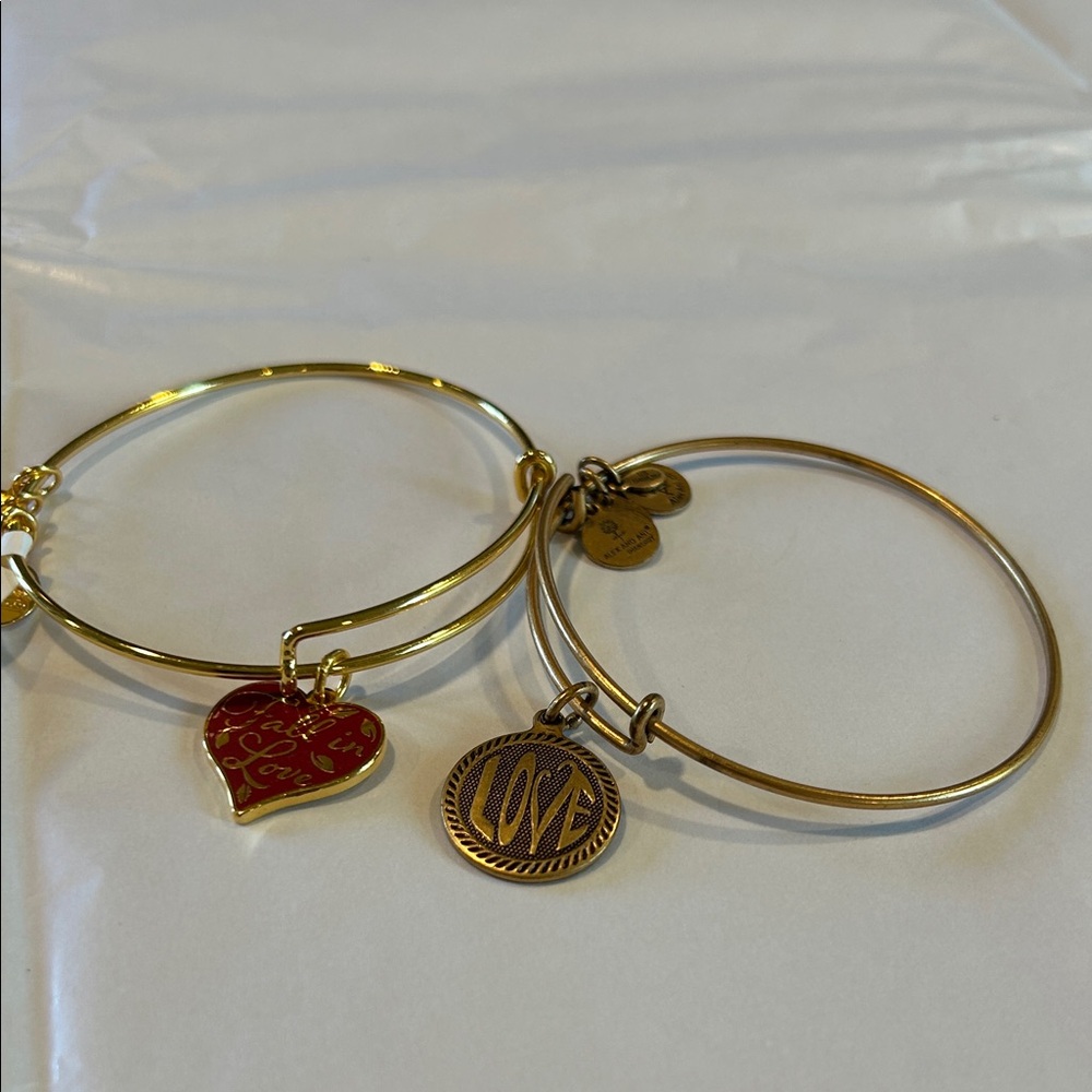 Alex and Ani Gold Bracelets with Red Heart and Love Charm